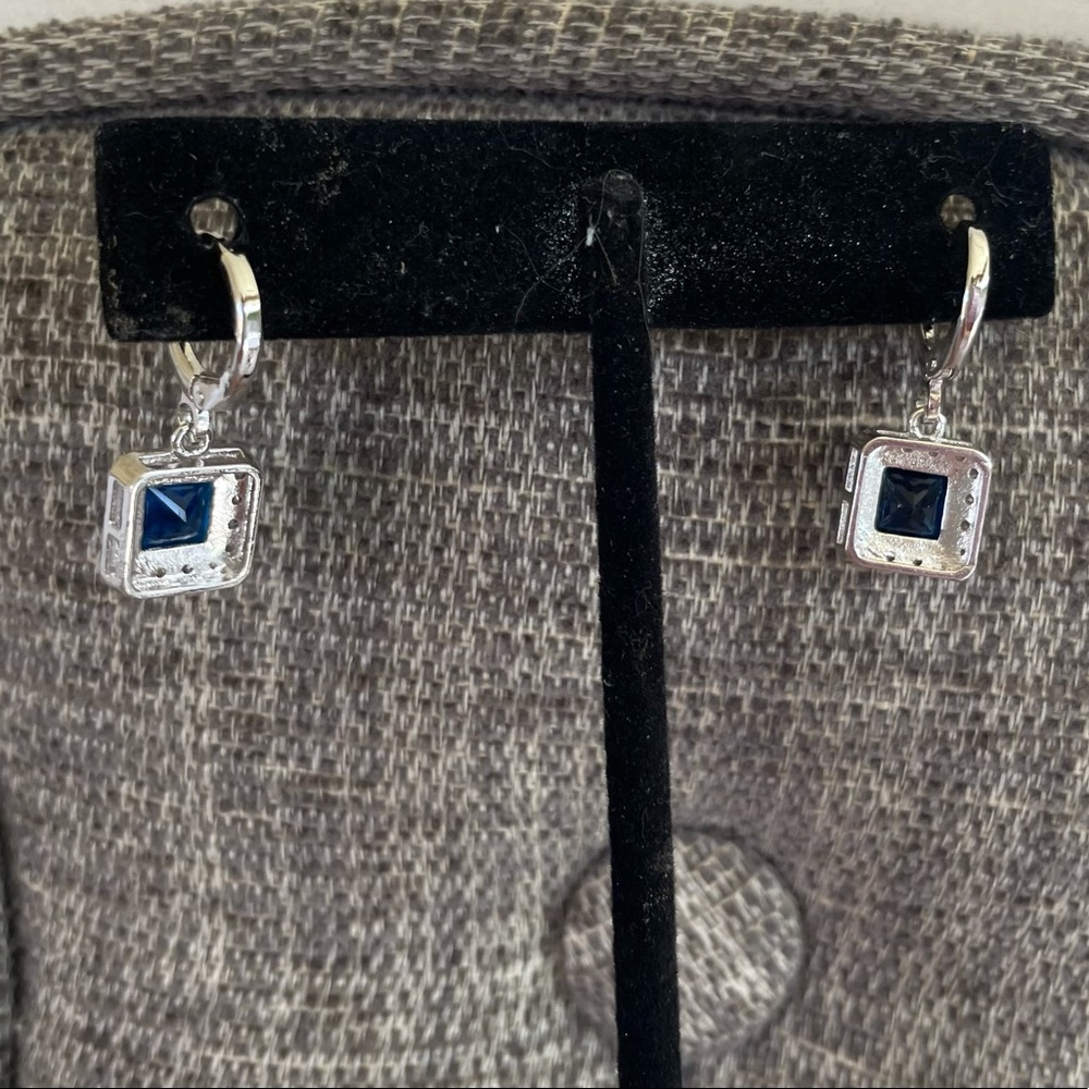 18k GP stamped lab made sapphire earrings - Picture 8 of 11